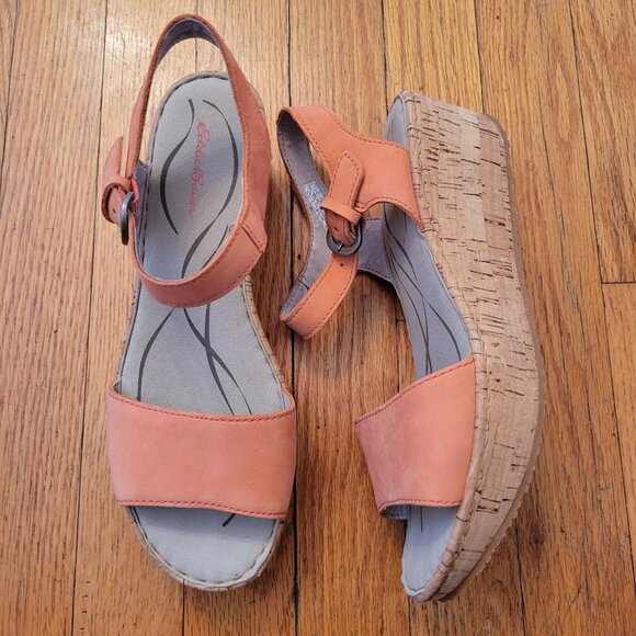 Eddie‎ Bauer Cork Wedge Sandals 8.5 Orange KARA Summer Shoes - Picture 1 of 7